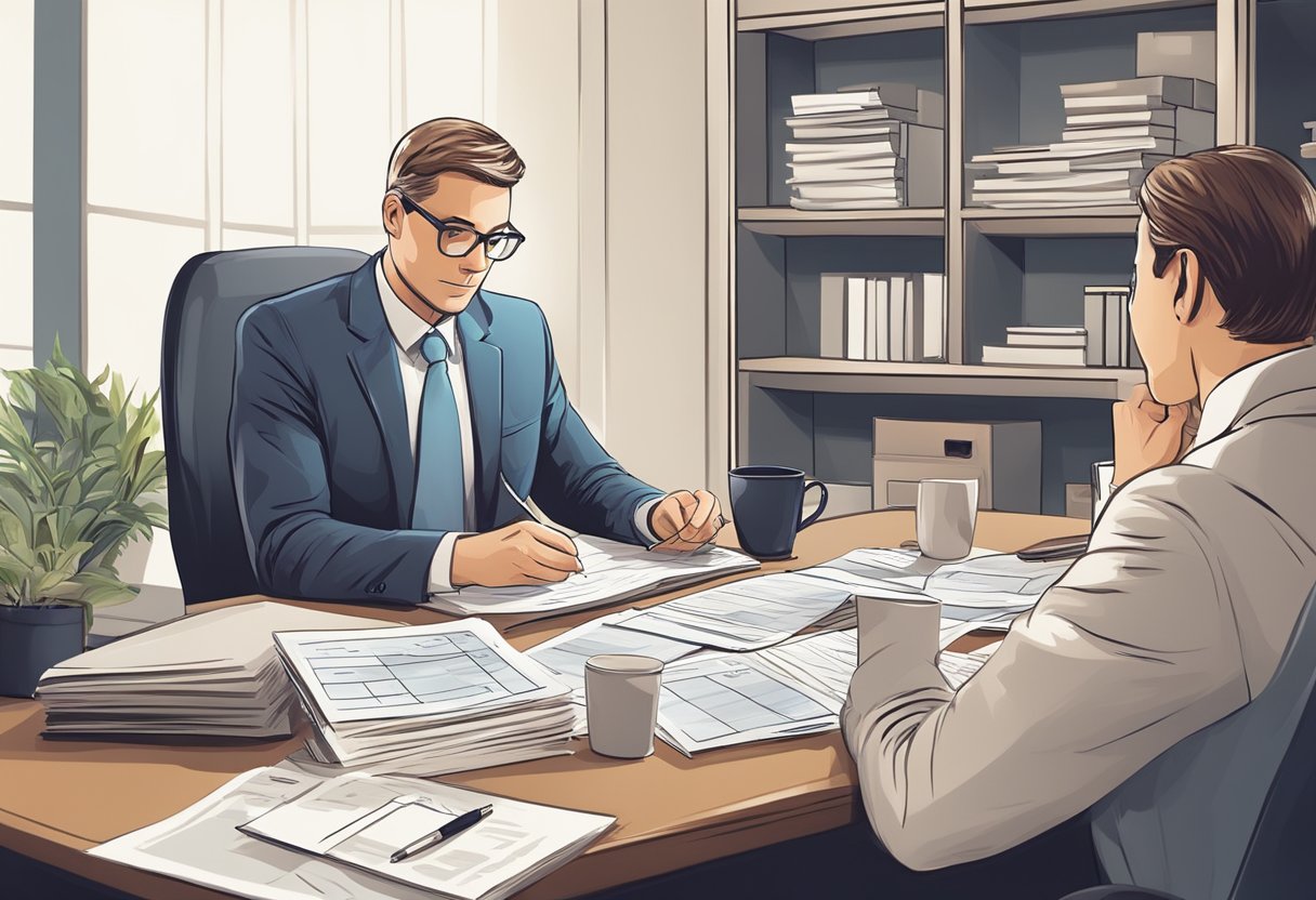A licensed money lender sits behind a desk, reviewing loan documents. A customer waits nervously, while the lender calculates interest rates