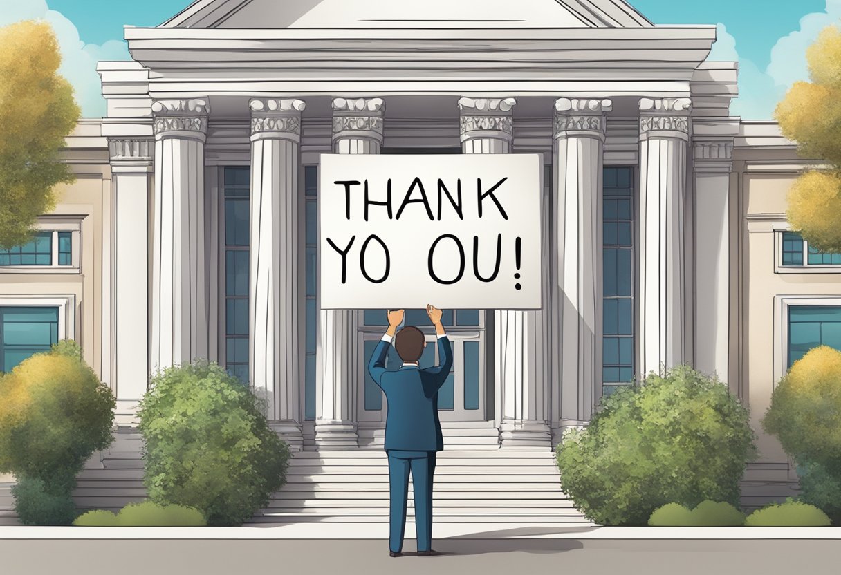 A person holding a sign with "Thank You" written on it, standing in front of a bank or financial institution