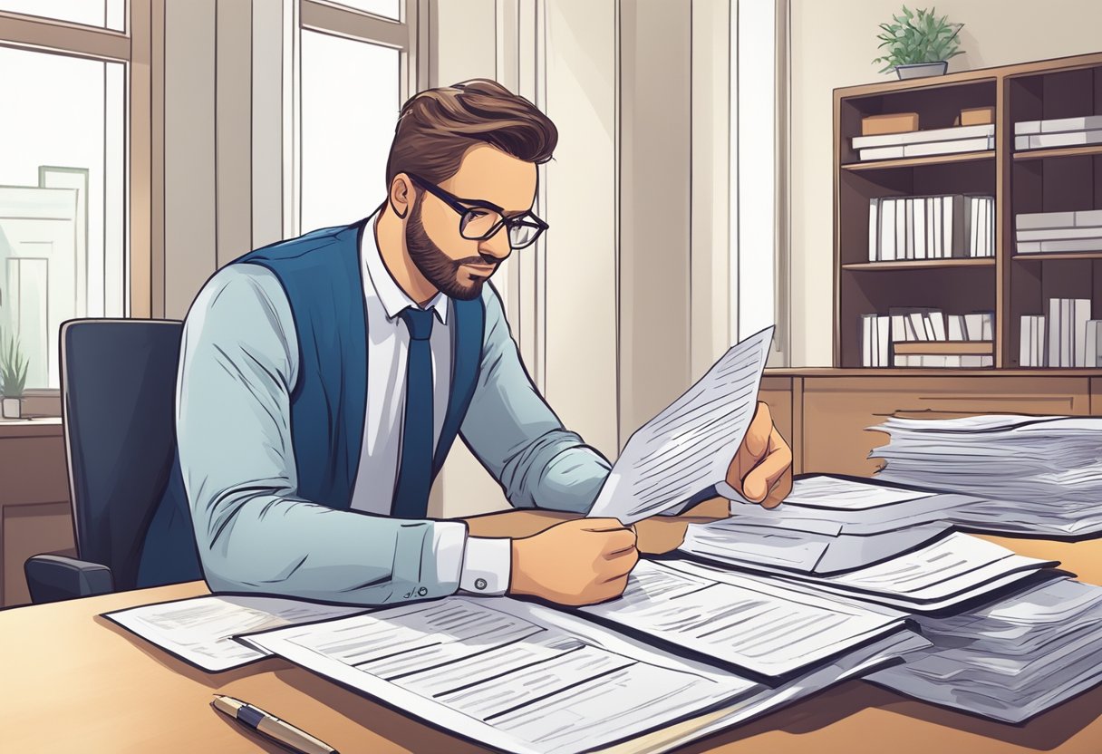 A licensed moneylender reviews business loan applications. The lender examines documents and discusses terms with the borrower
