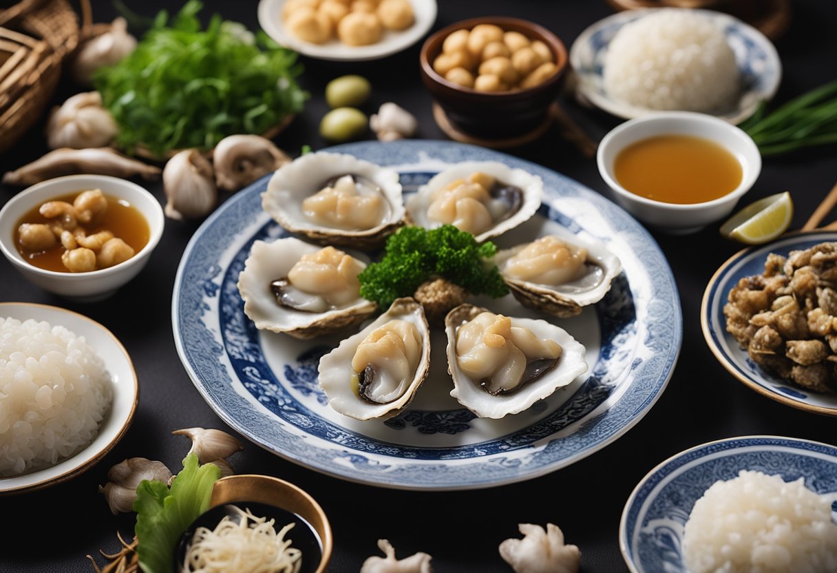 A table adorned with traditional teochew oyster puffs, surrounded by ingredients like oysters, shallots, and garlic, with a backdrop of teochew cultural symbols and motifs