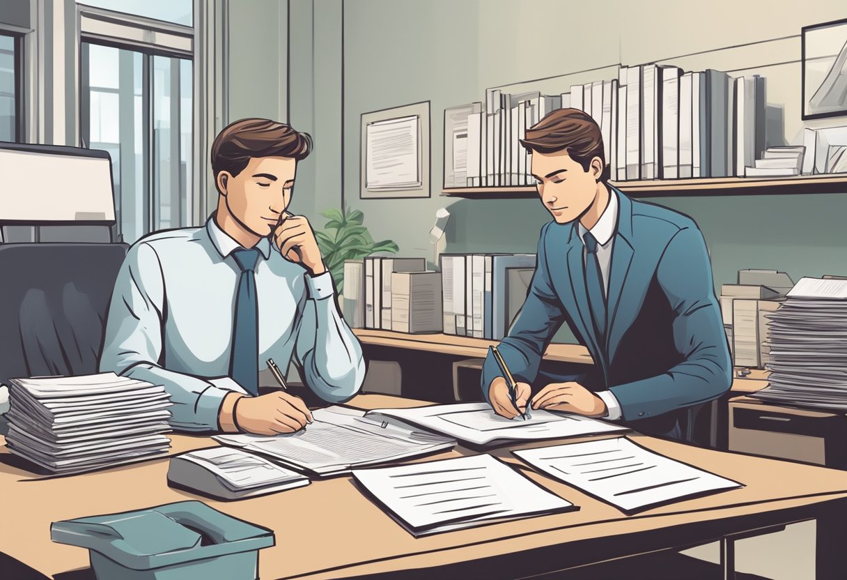 A licensed moneylender reviews documents while a customer fills out forms for a business loan. The office is tidy and professional, with a desk and chairs for the transaction
