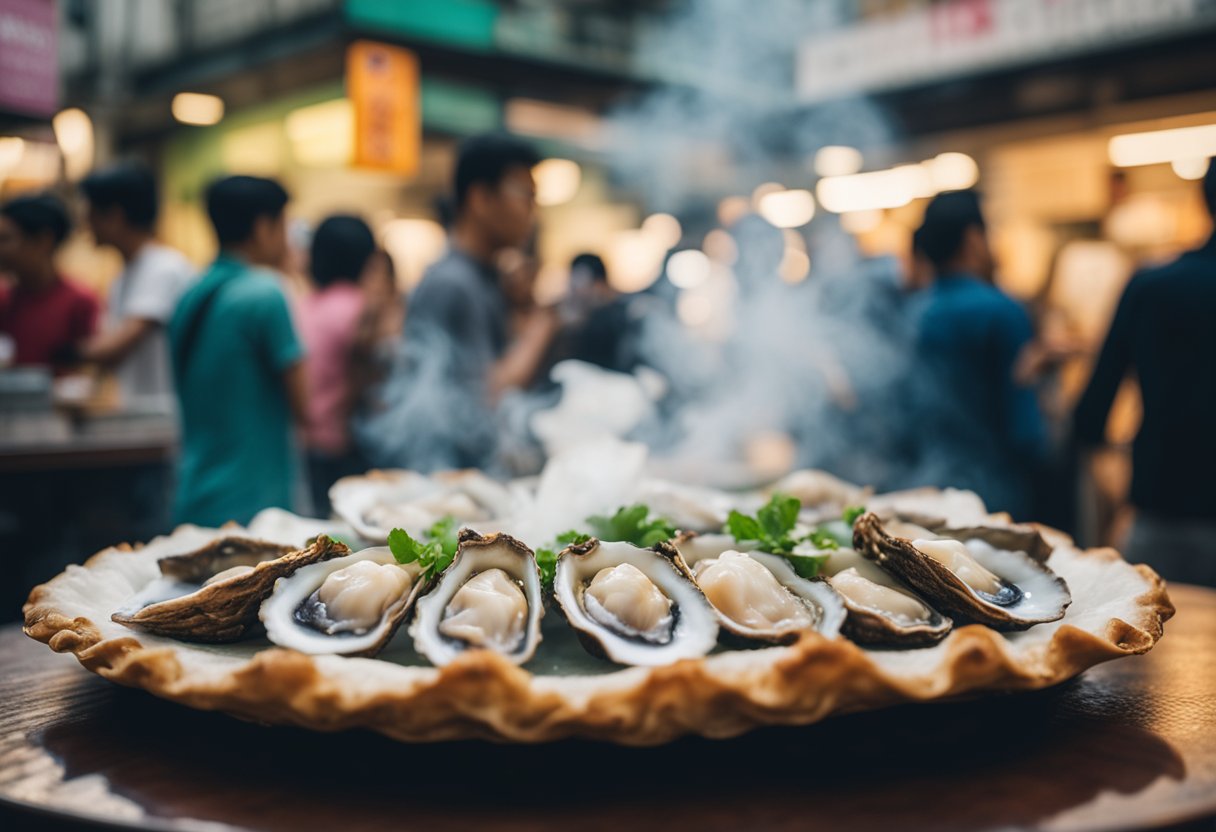 A steaming teochew oyster puff surrounded by curious onlookers