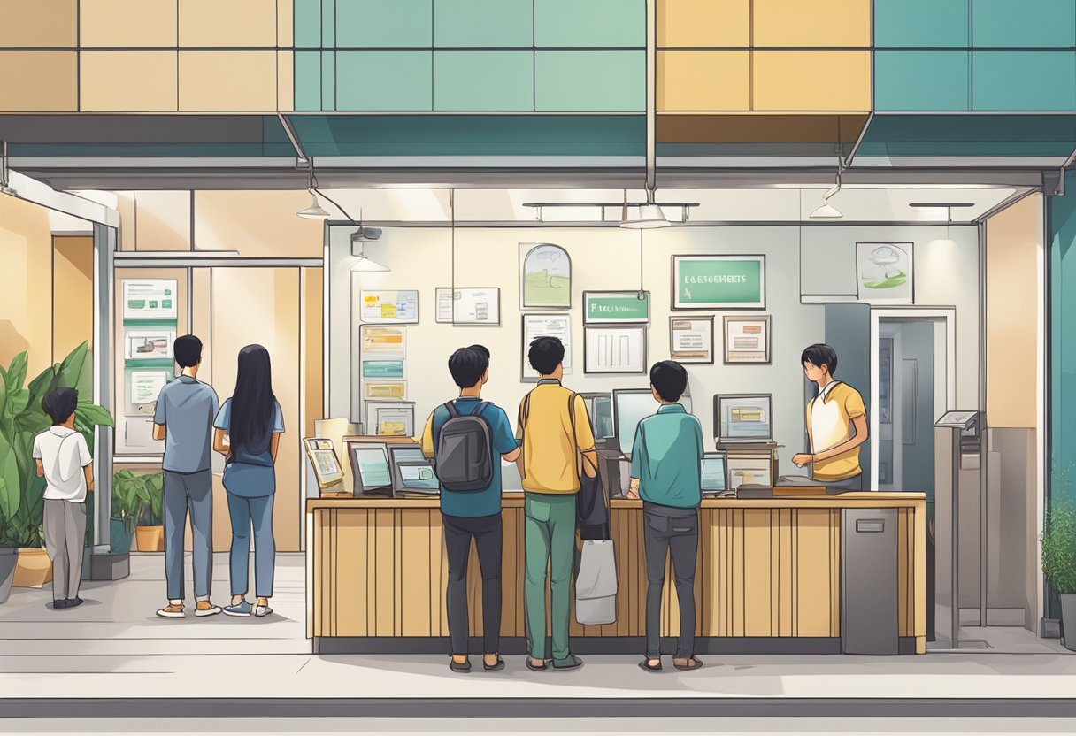 A licensed money lender's office in Singapore, with a sign displaying foreigner-friendly services. A diverse group of customers wait in line