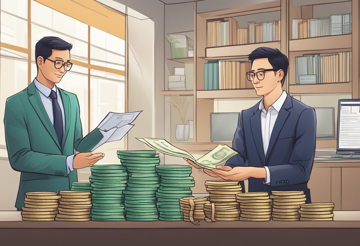 A licensed money lender in Singapore explains lending process to a foreigner. Symbols of currency and legal documents are visible