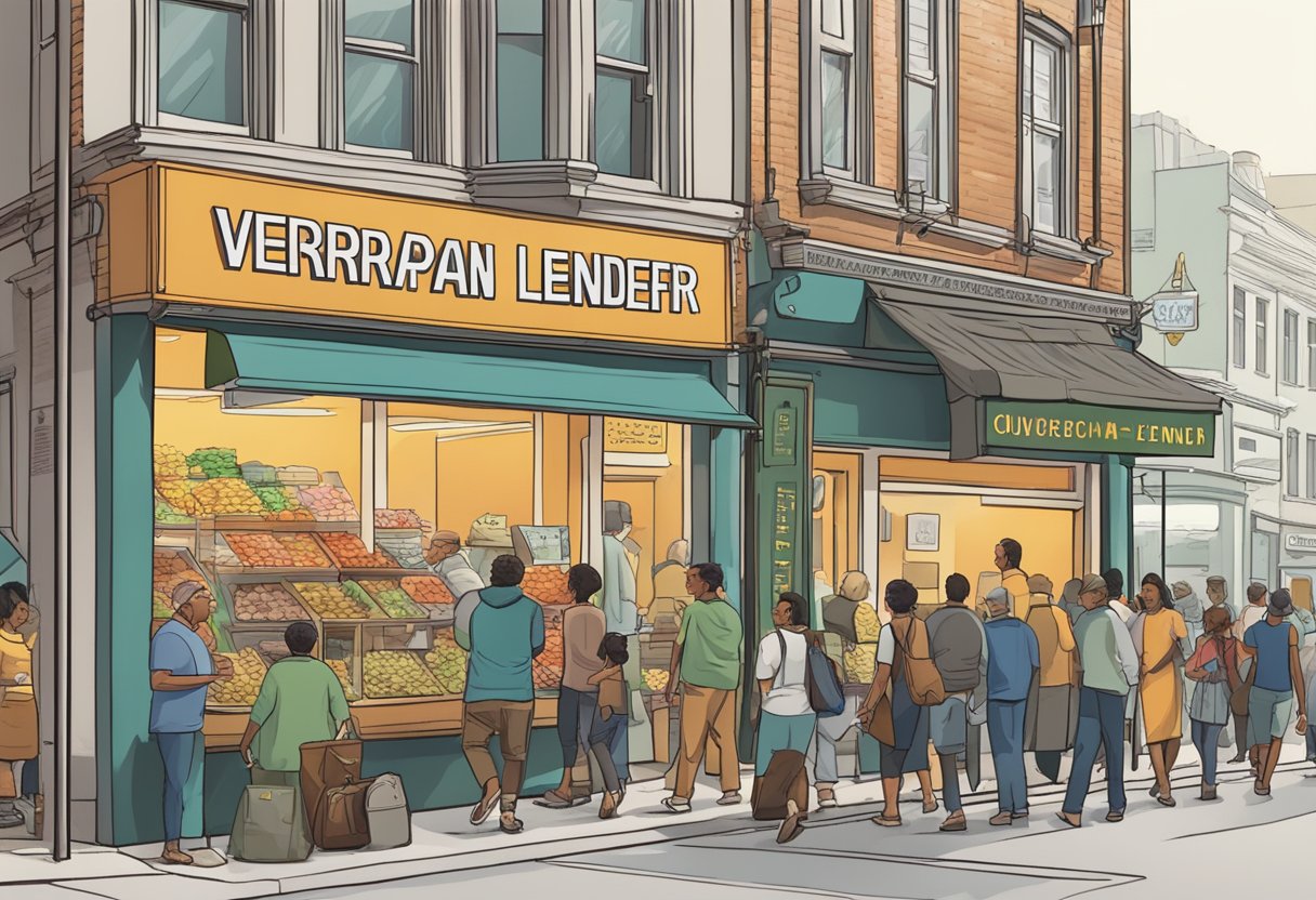 A bustling market street with a prominent sign for "Verrapan Money Lender" above a small, crowded storefront. Customers and merchants pass by, exchanging coins and goods