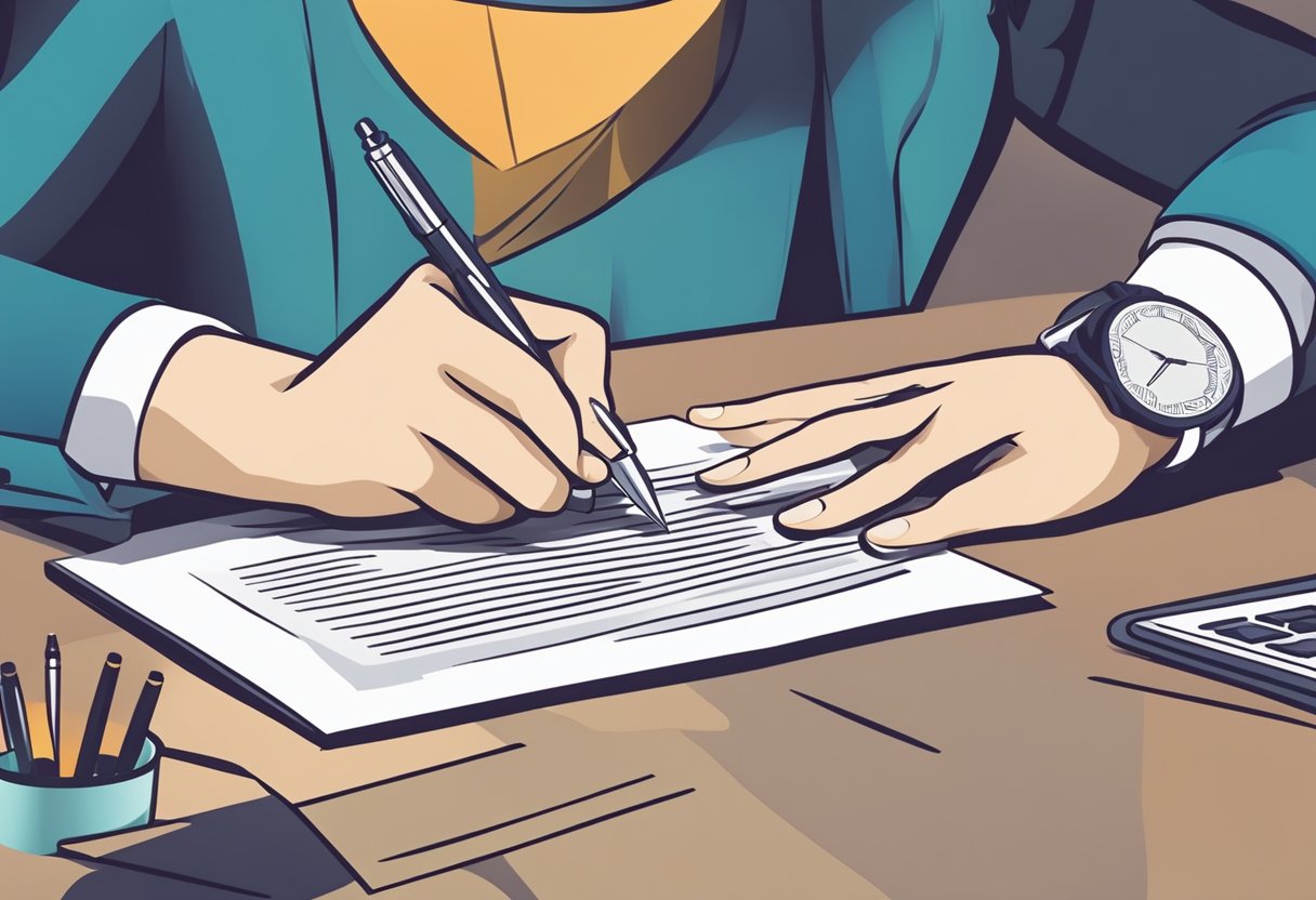 A person signing a document with a money lender, discussing loan terms and obligations