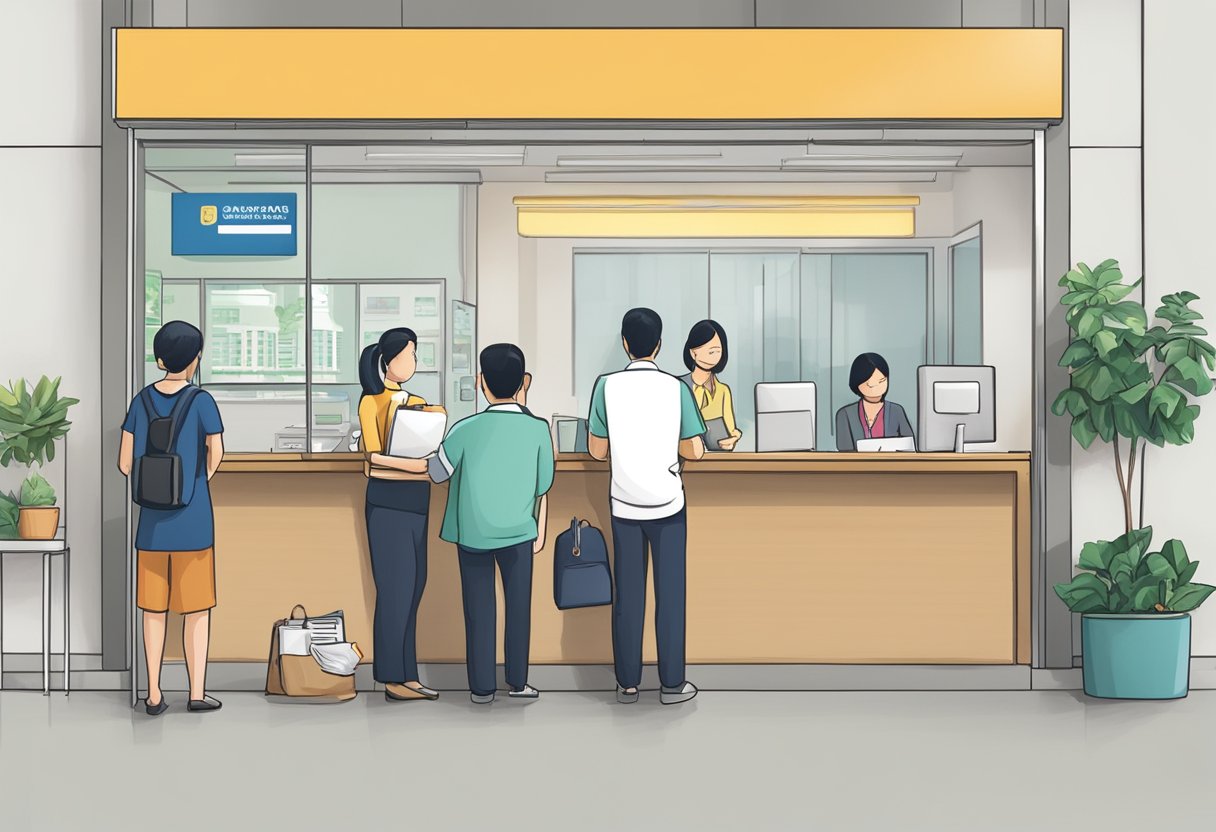 A Singaporean moneylender's office with a sign displaying "Verrapan Money Lender." Customers wait in line while staff process loan applications