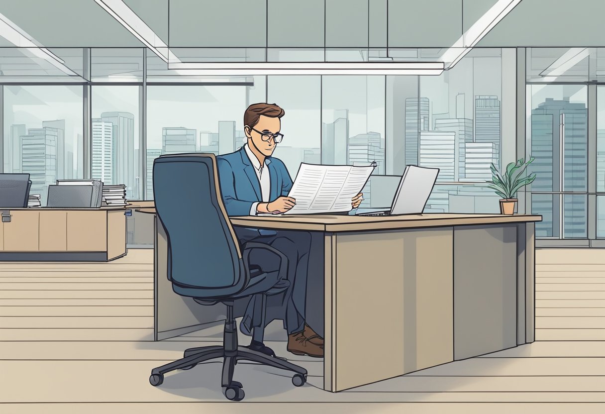 A foreigner sits at a desk, filling out a loan application form at a licensed money lender's office in Singapore. The lender reviews the documents and discusses the terms with the foreigner