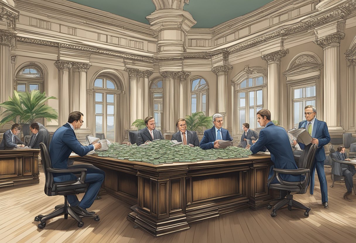 A group of capital money lenders conducting business in a grand office setting, with stacks of money and financial documents on the table
