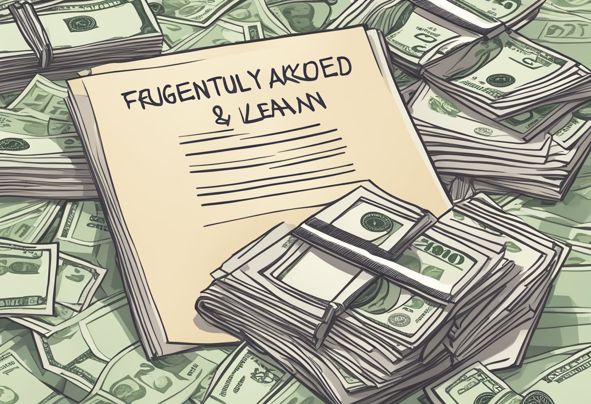 A stack of papers with "Frequently Asked Questions" on top, surrounded by money lender logos and a list of rules for applying for a personal loan