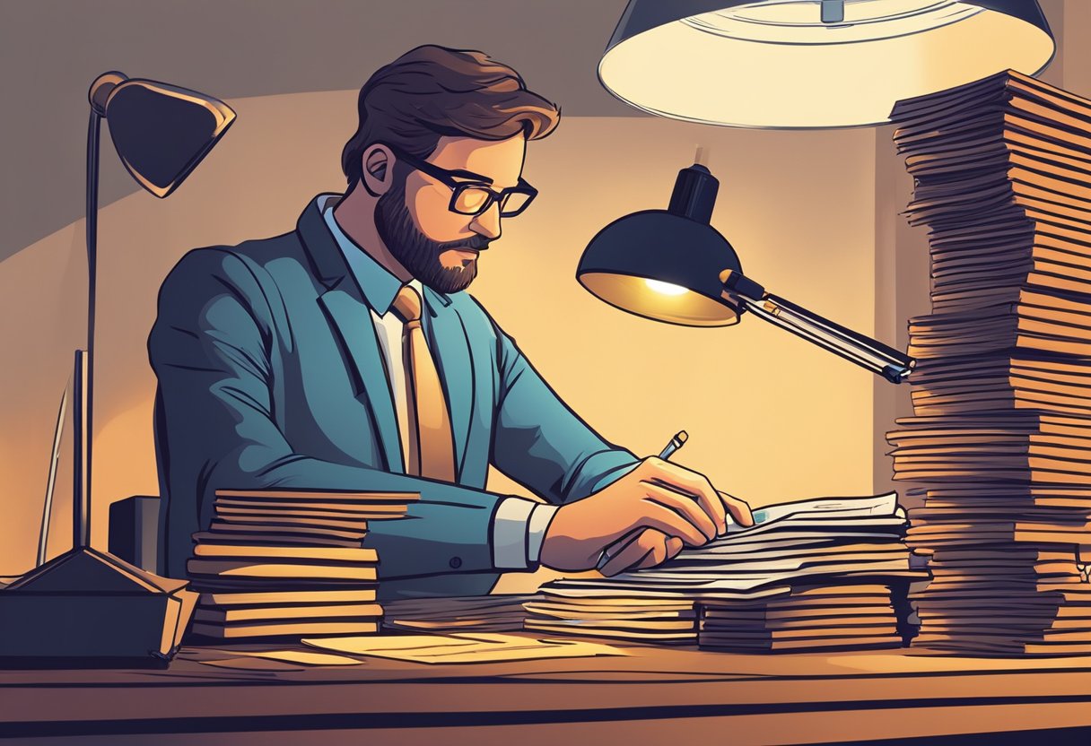 A money lender sits at a desk, counting bills under the warm glow of a desk lamp. A stack of coins and a ledger are nearby