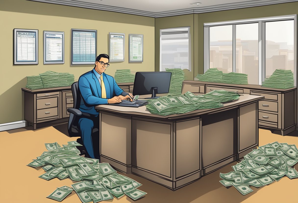 A licensed money lender sits behind a desk, counting money and reviewing documents. A sign on the wall displays the lender's logo and contact information