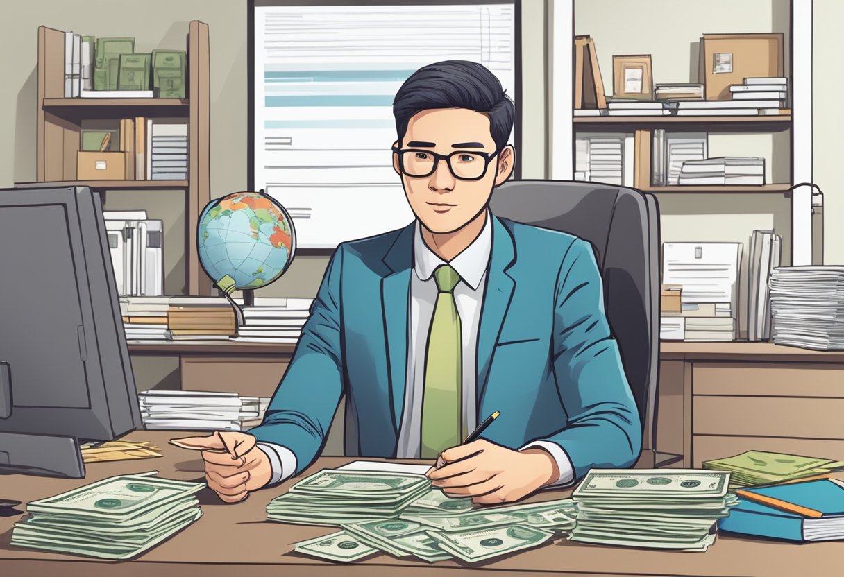 A foreigner in Singapore sits at a desk, surrounded by paperwork and a licensed money lender. The lender answers frequently asked questions, providing information and assistance