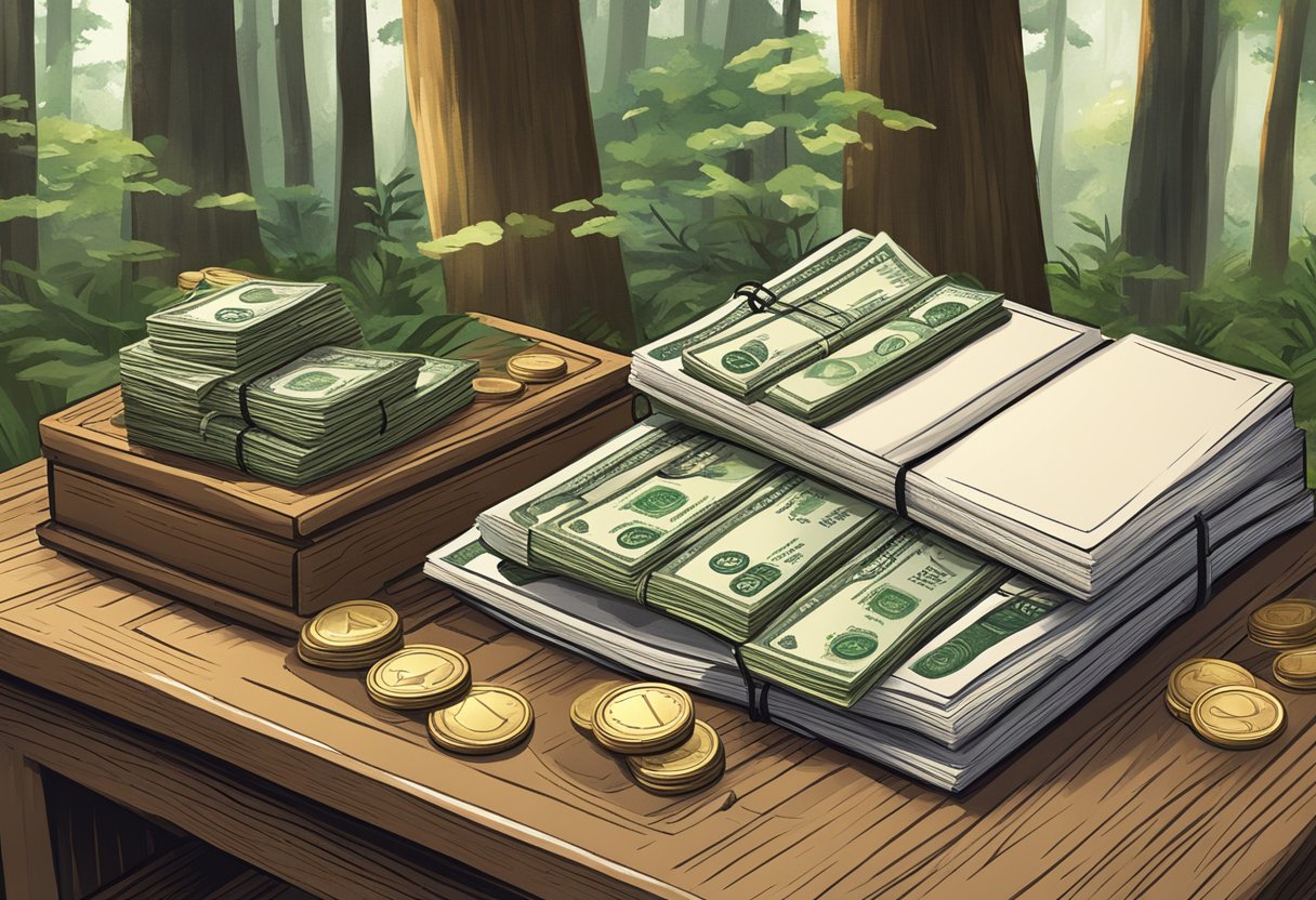 A money lender's wooden desk with stacks of coins and a ledger, surrounded by trees in a dense woodland