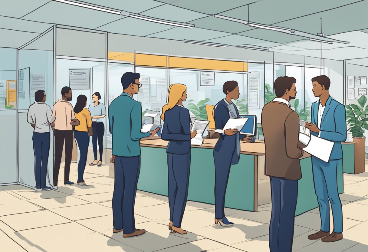 The scene shows a busy office with people lining up to ask questions at the Verrapan money lender. Signs and pamphlets with FAQs are prominently displayed