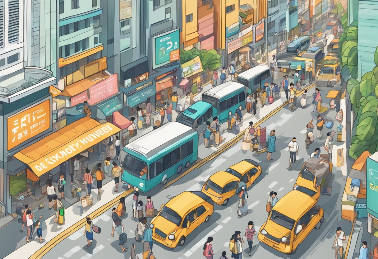 A bustling street in Singapore, with a prominent sign for "Quick Credit Money Lenders" and people leaving positive Google reviews on their phones