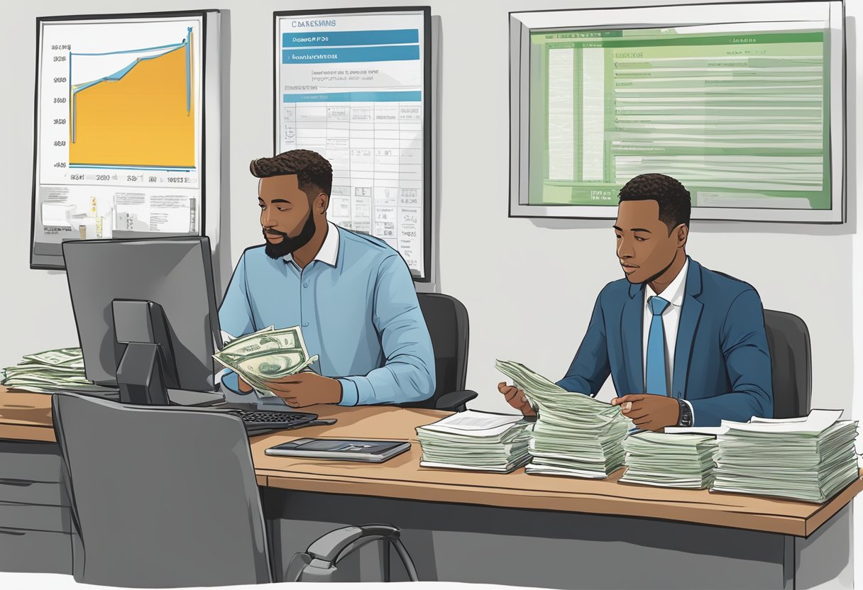 A money lender in Woodlands explains terms to a borrower in their office, with a sign displaying lending rates and regulations