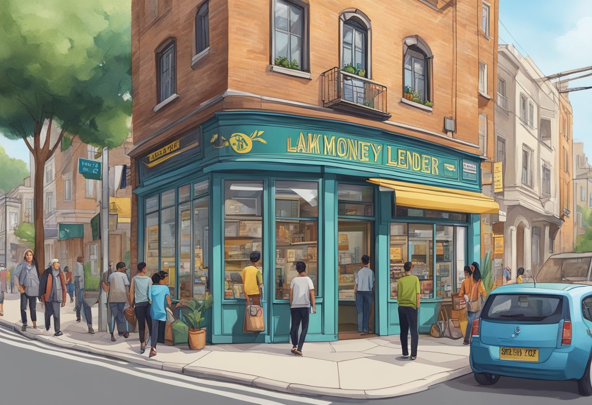 A bustling street corner with a sign reading "amk money lender" above a small shop with people coming and going