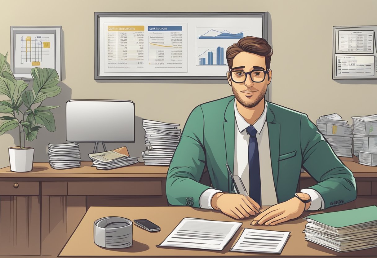 A money lender sits behind a desk, explaining loan terms to a customer. A sign on the wall displays interest rates and loan options
