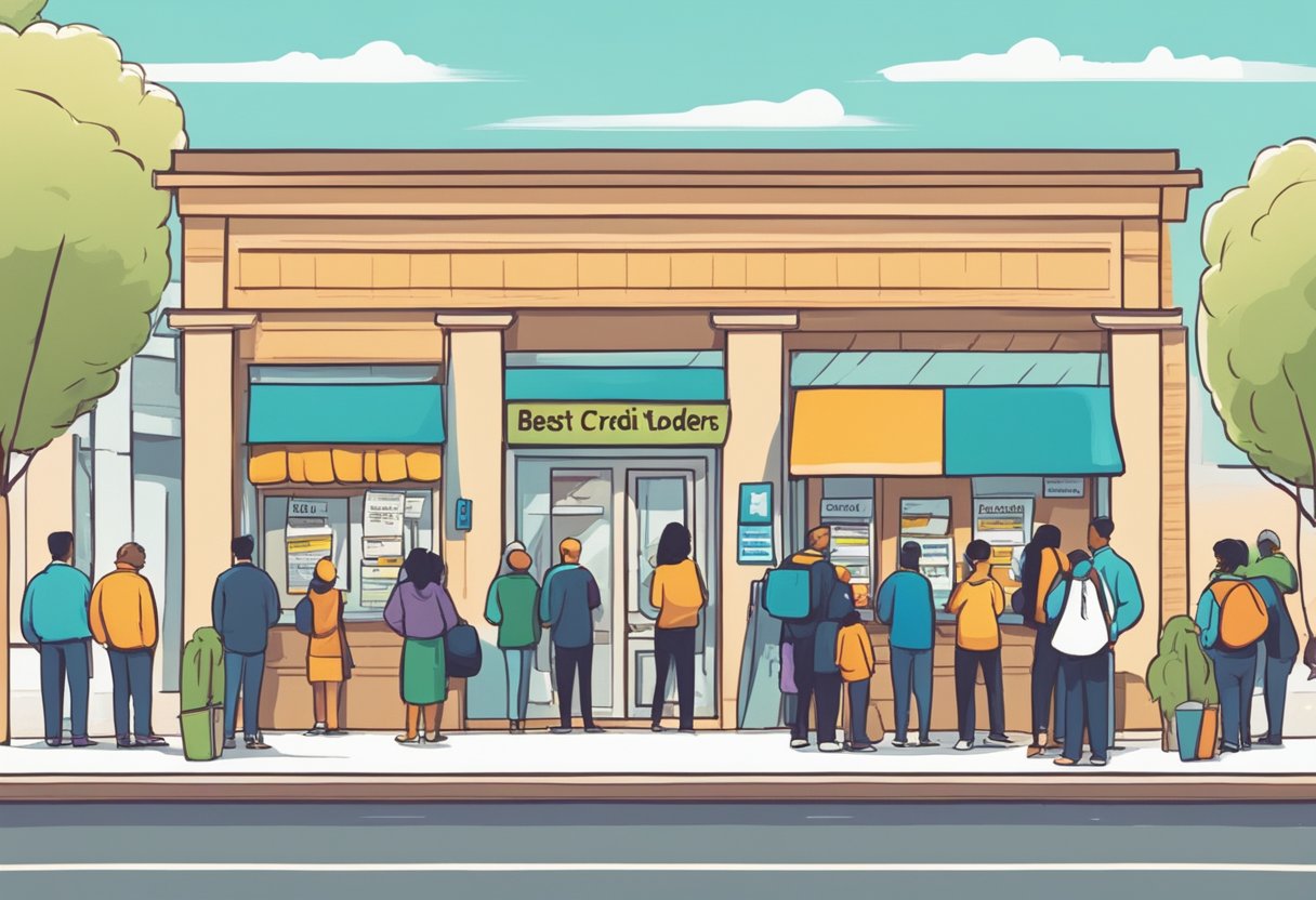 A line of people with poor credit wait outside a storefront with a sign reading "Best Money Lenders for Bad Credit."
