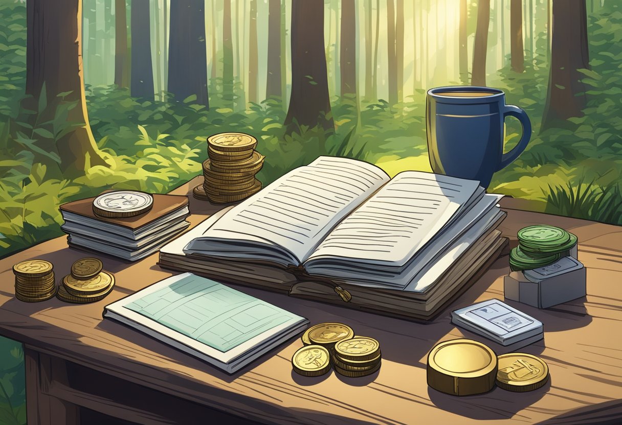 A money lender's desk in a woodland clearing, surrounded by tall trees and dappled sunlight. On the desk, a stack of coins and a ledger book