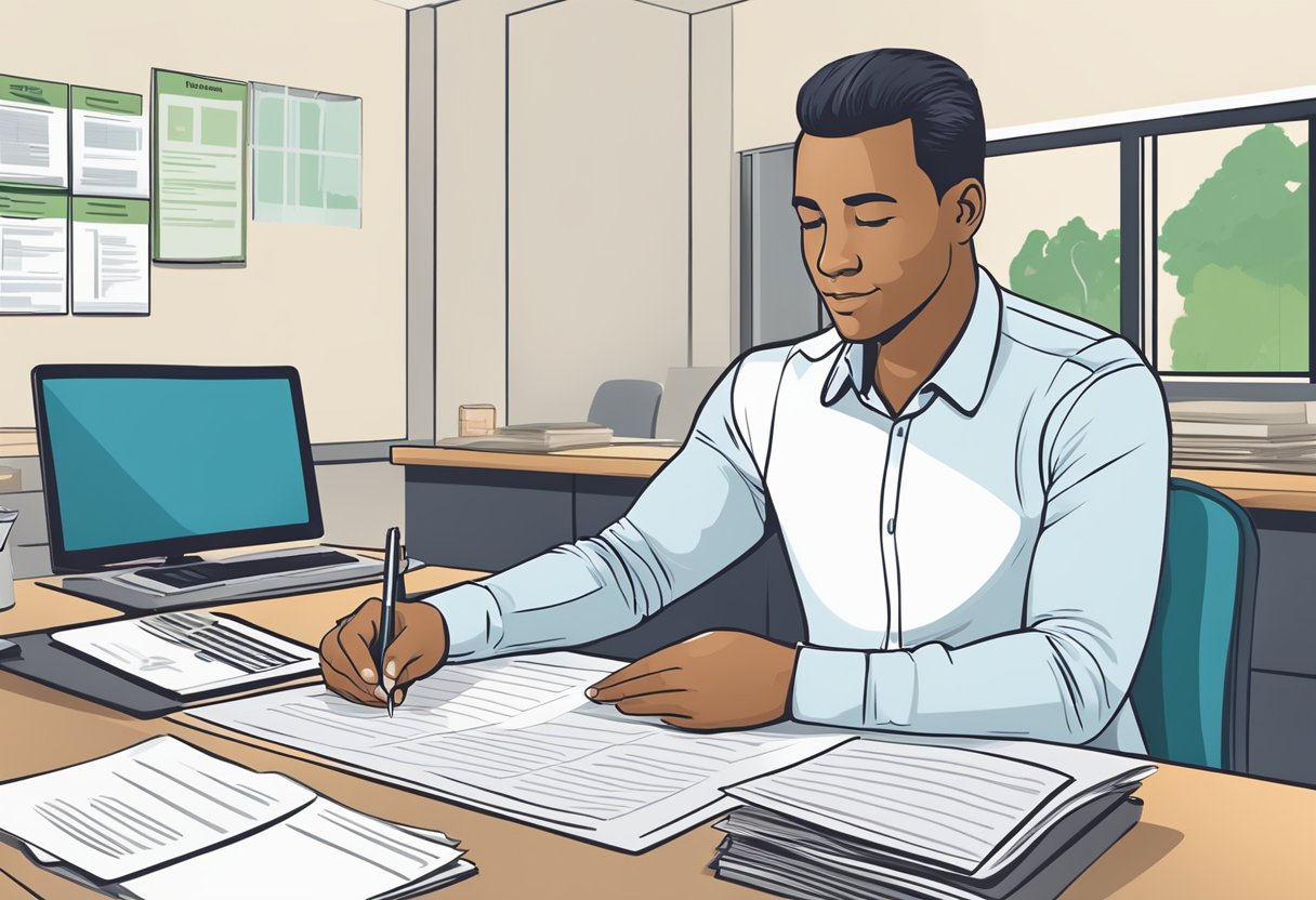 A customer sits at a desk, filling out loan application forms at a Woodlands money lender office. The lender reviews the documents and discusses terms with the customer