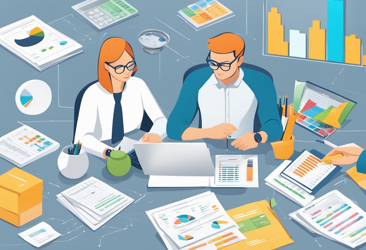 A person sits at a desk, comparing loan options from different capital money lenders. Charts and graphs are spread out, showing various interest rates and terms