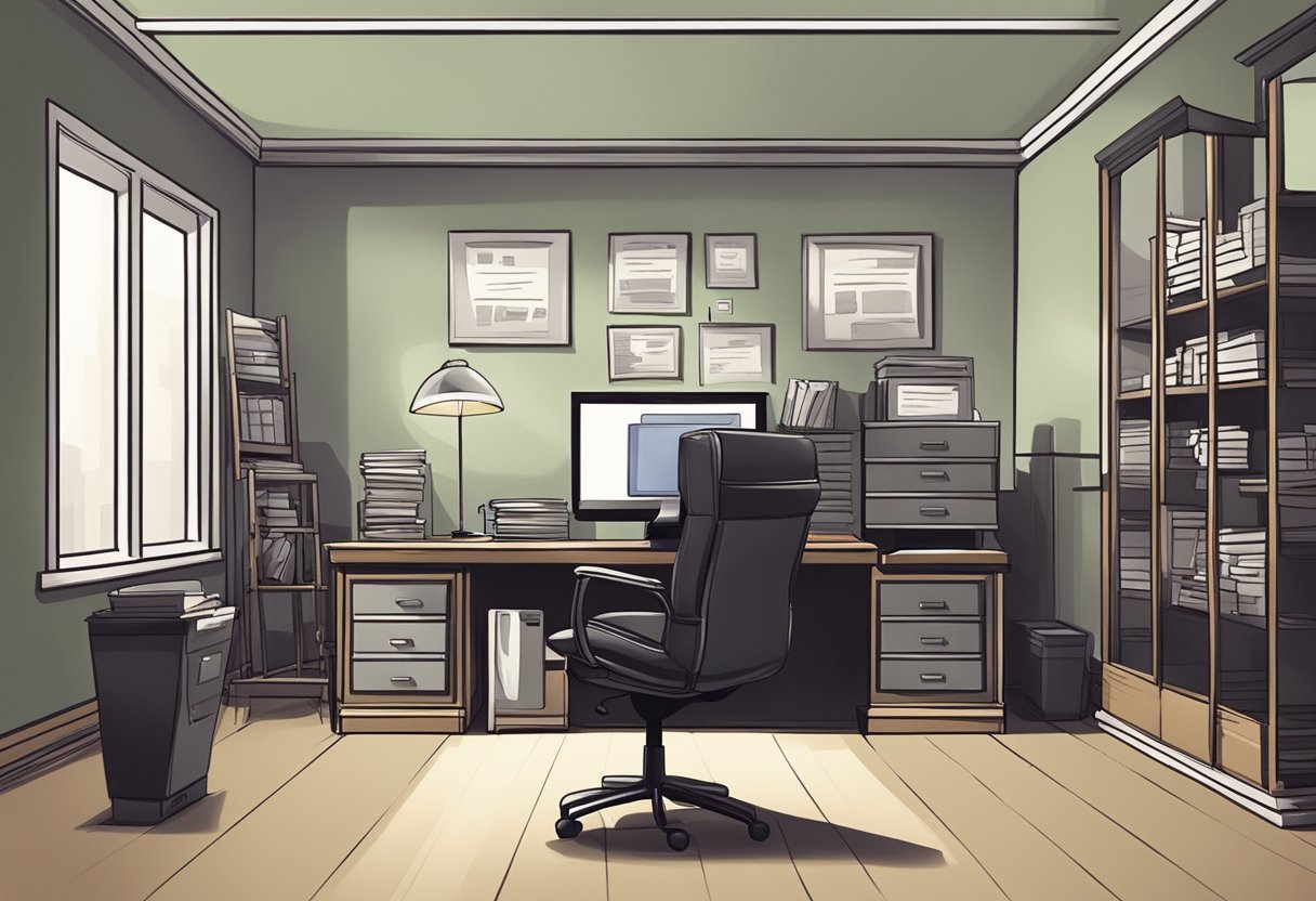 A money lender's office on a quiet Sunday, with a sign advertising loan services. The interior is dimly lit, with a desk and chair for the lender