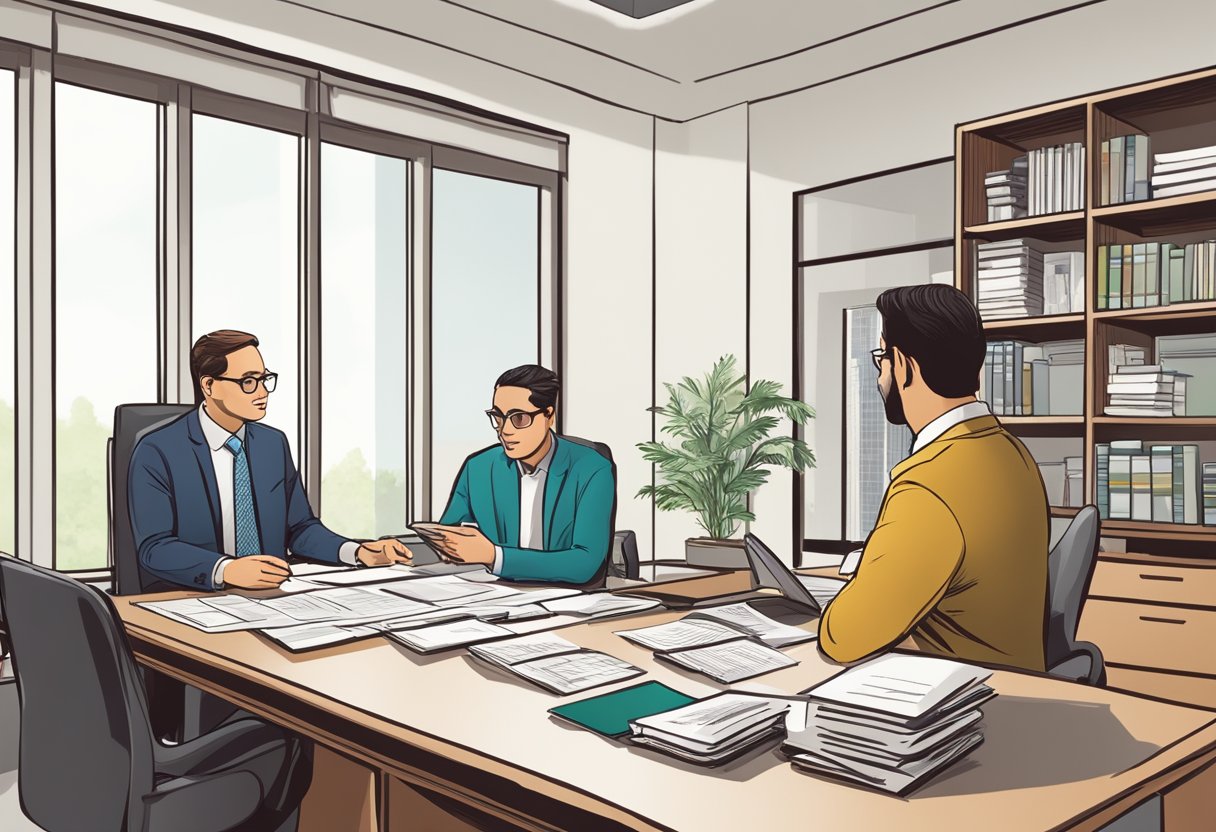A woodlands money lender explains terms to a borrower in an office setting. Documents and a calculator are on the desk