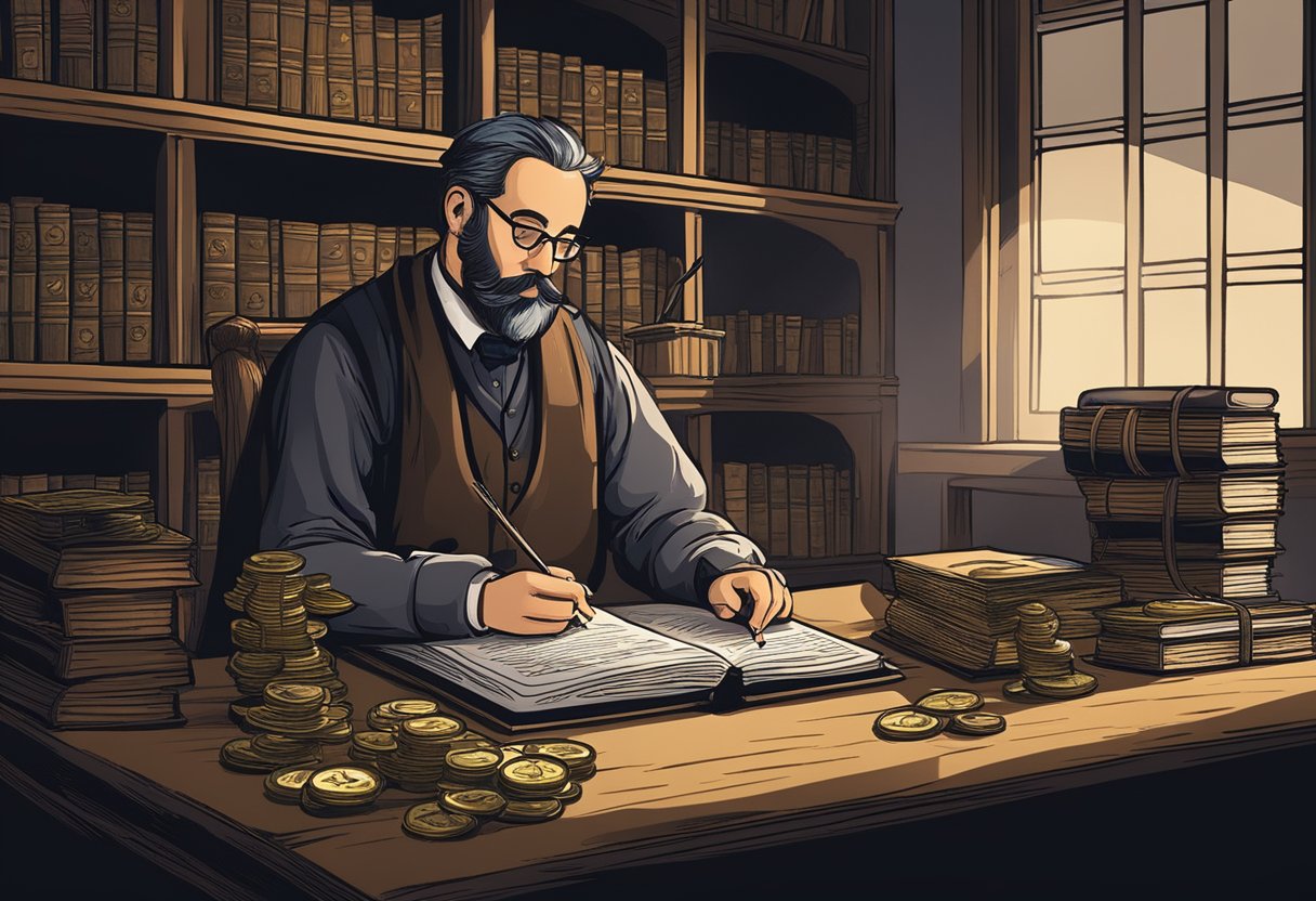 A money lender sitting at a wooden desk, counting coins and writing in a ledger with a quill pen. The room is dimly lit with a small window and shelves filled with old books