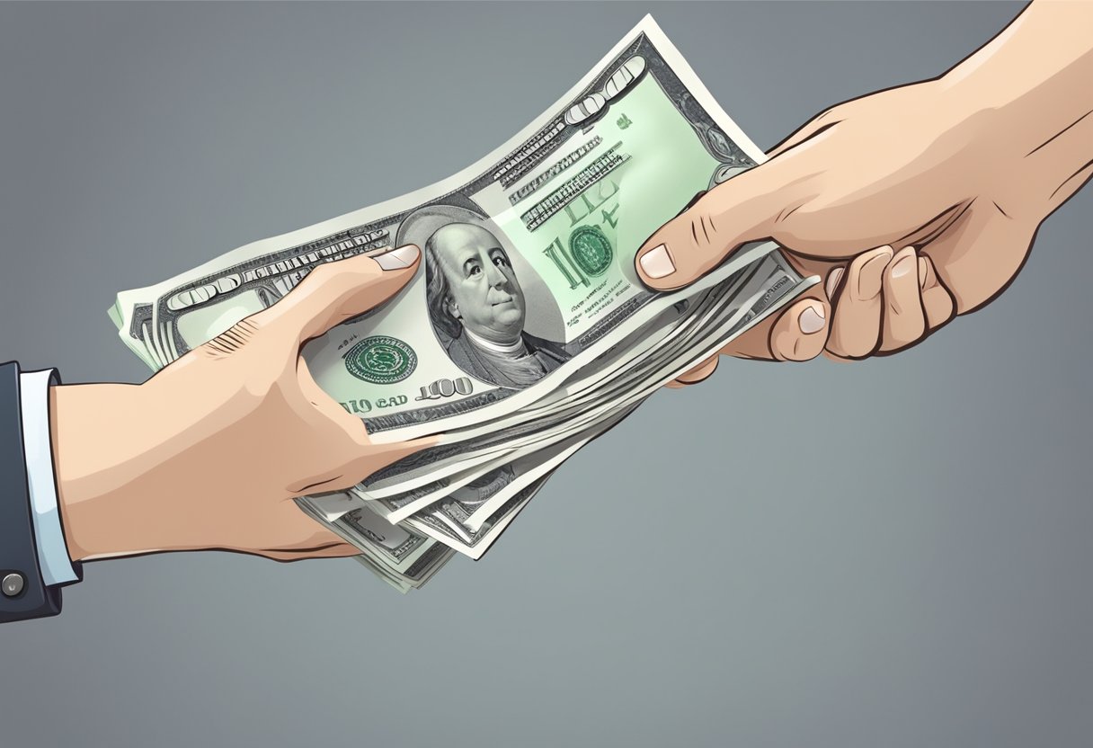 A person hands a check to a money lender in exchange for cash