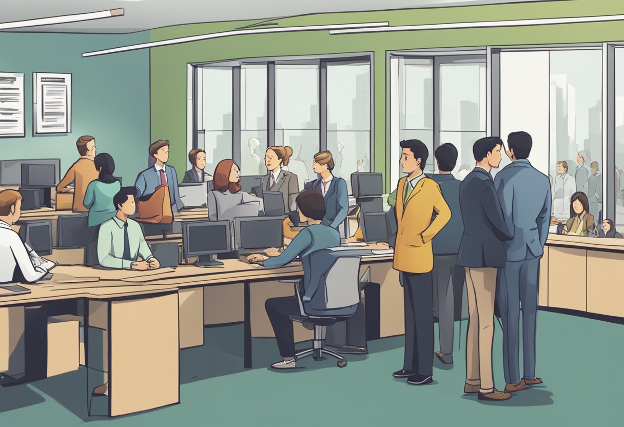 A busy office with people lining up to ask questions to a money lender on a Sunday. Signs with "Frequently Asked Questions" are displayed prominently