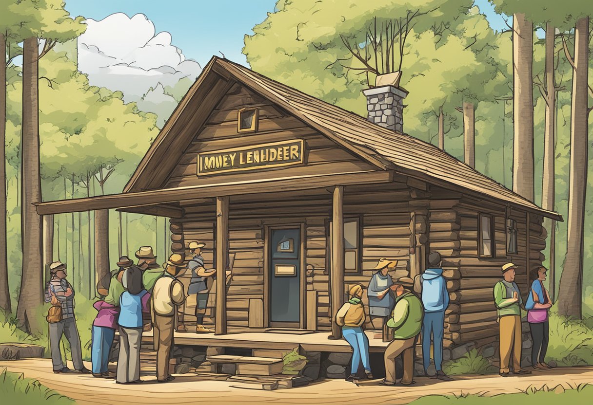 A money lender's sign hangs outside a rustic woodlands cabin, with a line of customers waiting to inquire