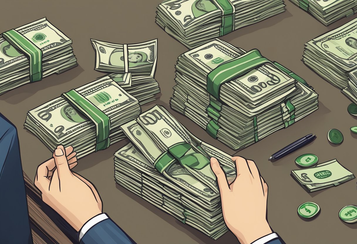 A money lender counting and stacking cash on a desk