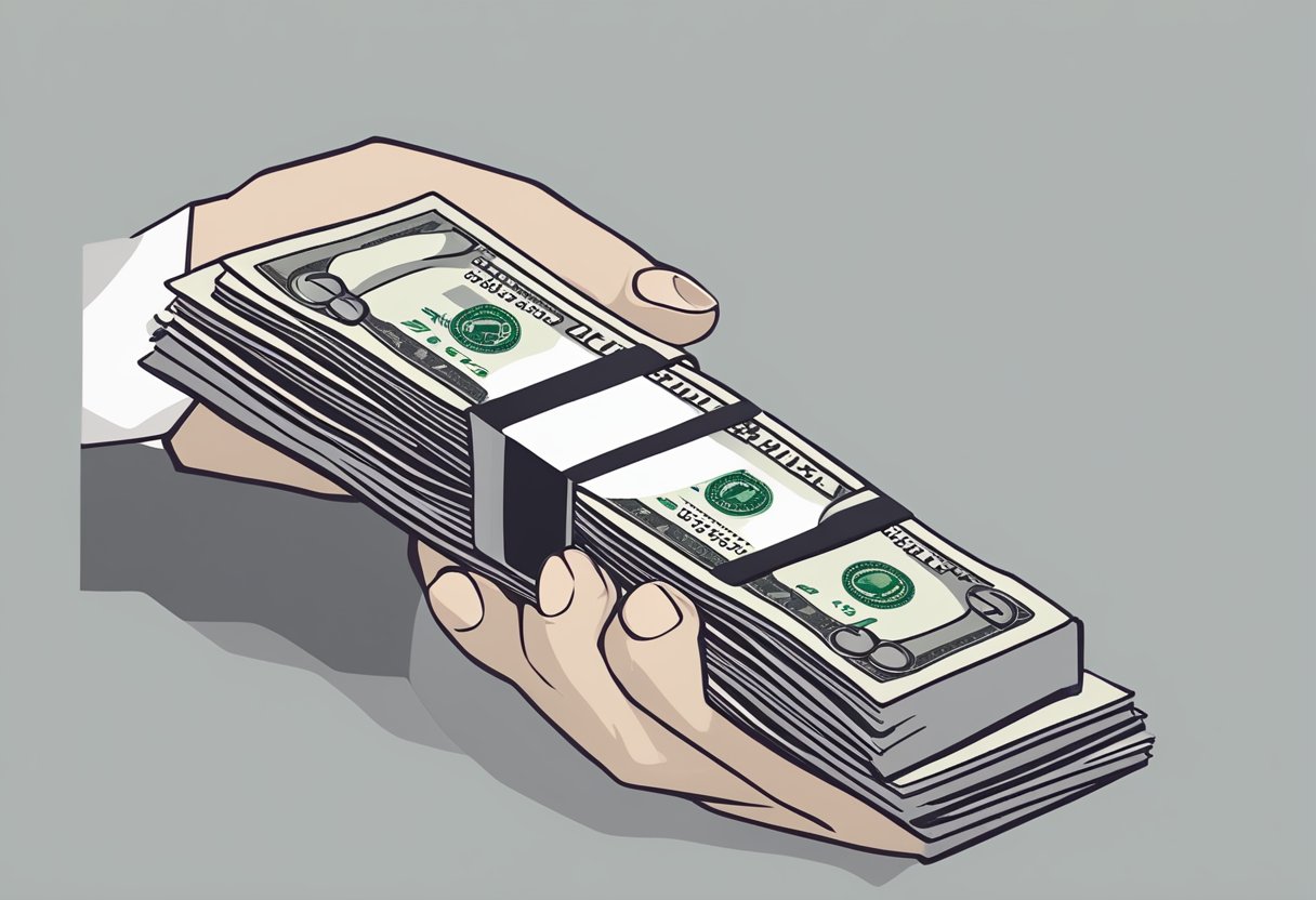 A hand holding a stack of money, with a credit card and a contract nearby