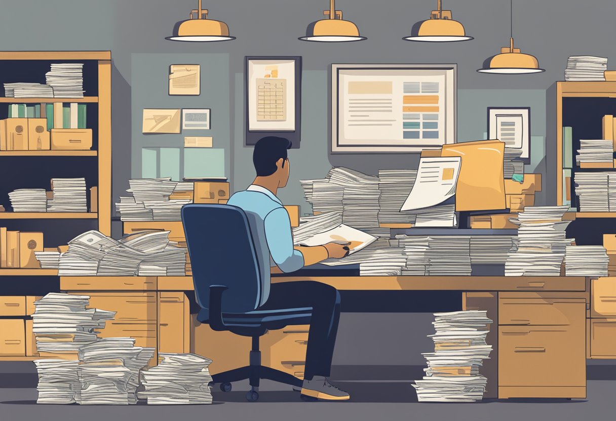 A person sits at a desk, surrounded by stacks of bills and financial documents. A sign on the wall reads "Managing Your Finances" and the logo of Woodlands Money Lender is prominently displayed