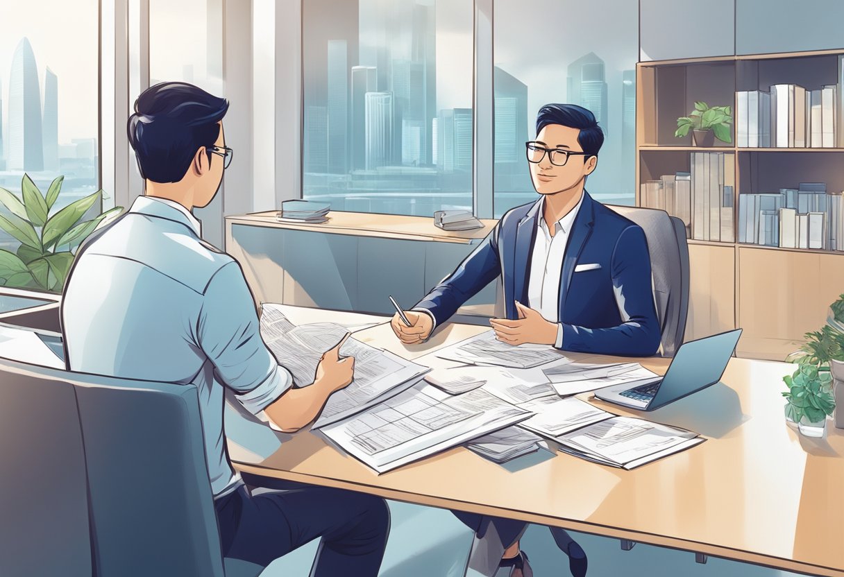 A money lender in Singapore explains loan terms to a customer in a bright, modern office setting with financial charts and documents on the table