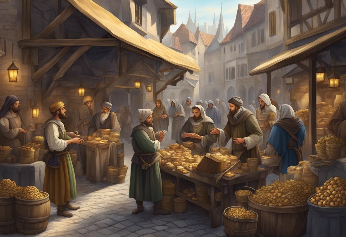 A bustling medieval marketplace with merchants trading goods, a money lender counting coins, and nobles discussing business deals