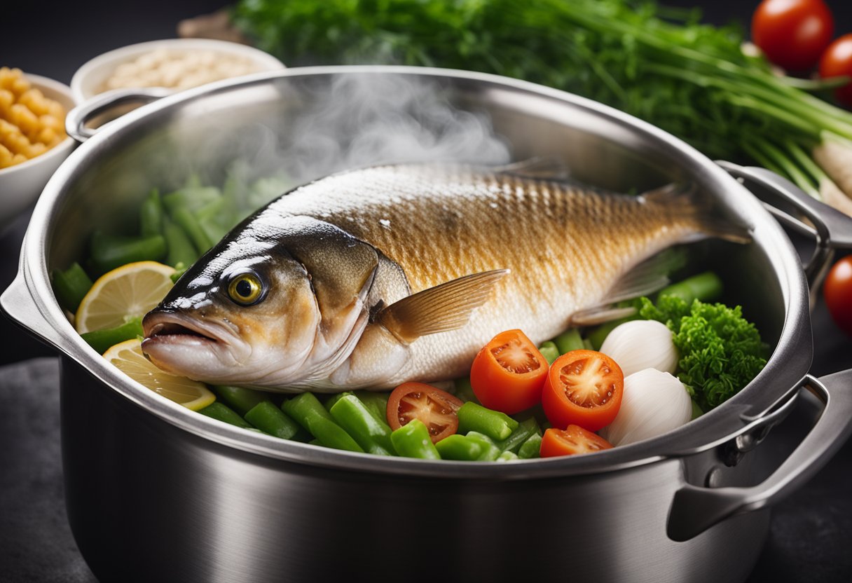 A whole fish is placed in a steamer, surrounded by ginger, scallions, and tomatoes. The steam rises as the flavors infuse