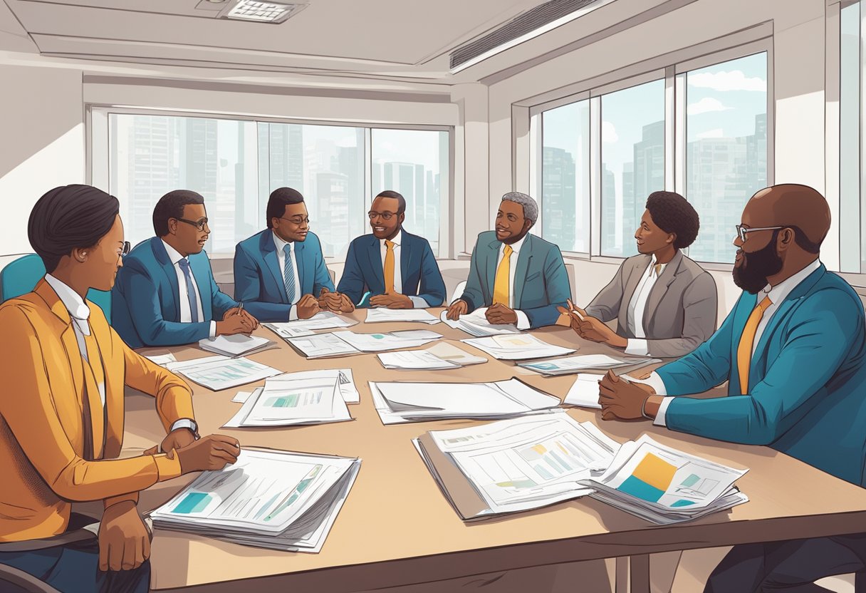 A group of microfinance institutions and money lenders discussing the 2018 regulations in a meeting room. Documents and charts are spread out on the table as they engage in a lively conversation
