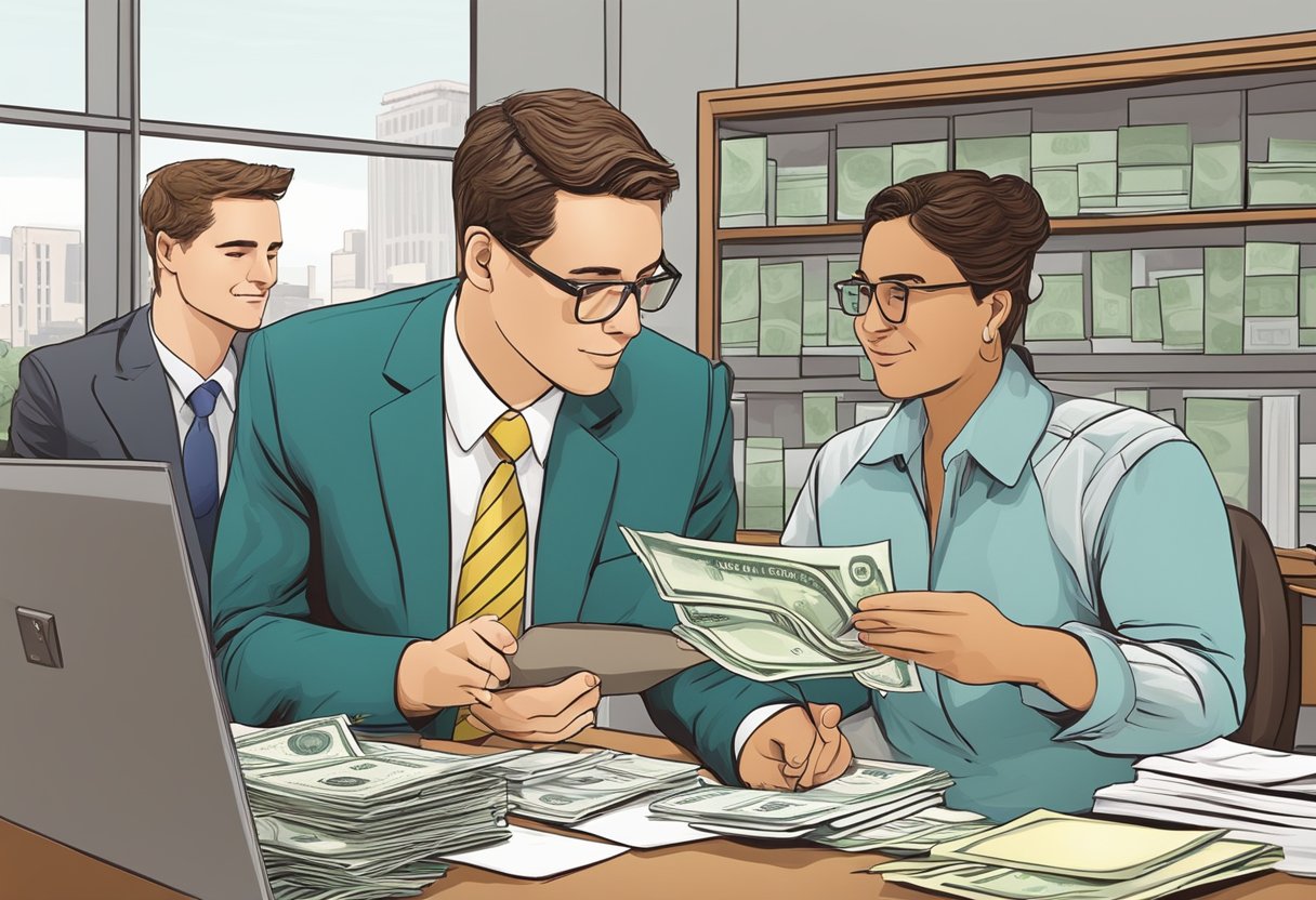A bank teller assists a customer with a loan application, while a money lender counts cash at their desk