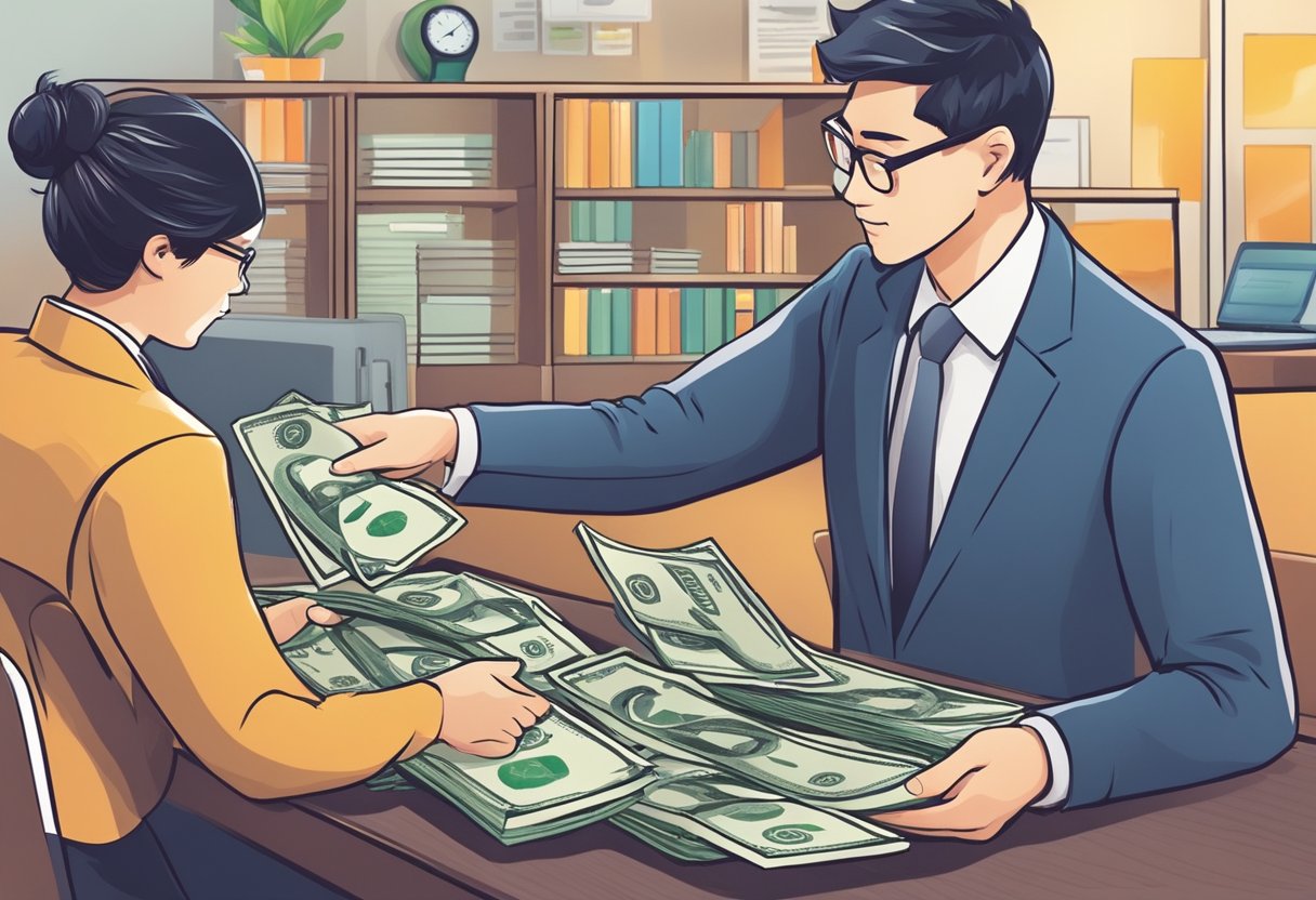 A money lender in Singapore handing over cash to a borrower after checking their documents. The lender's office is adorned with financial symbols and charts