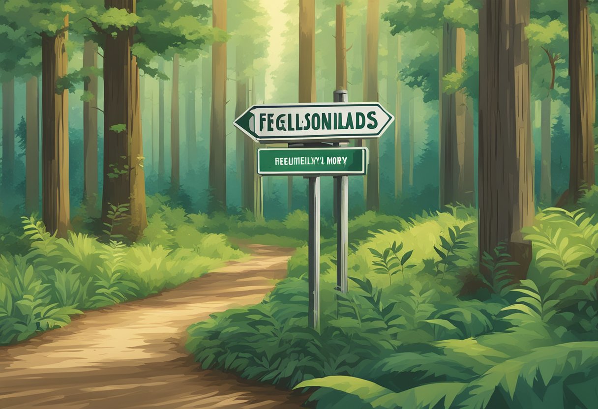 A signpost stands in a lush woodland clearing, surrounded by tall trees. The sign reads "Frequently Asked Questions Woodlands Money Lender" in bold letters