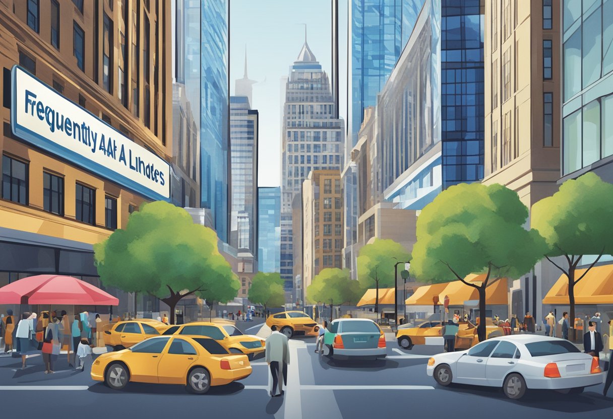 A sign reading "Frequently Asked Questions 1 Capital Money Lenders" displayed prominently in a busy financial district