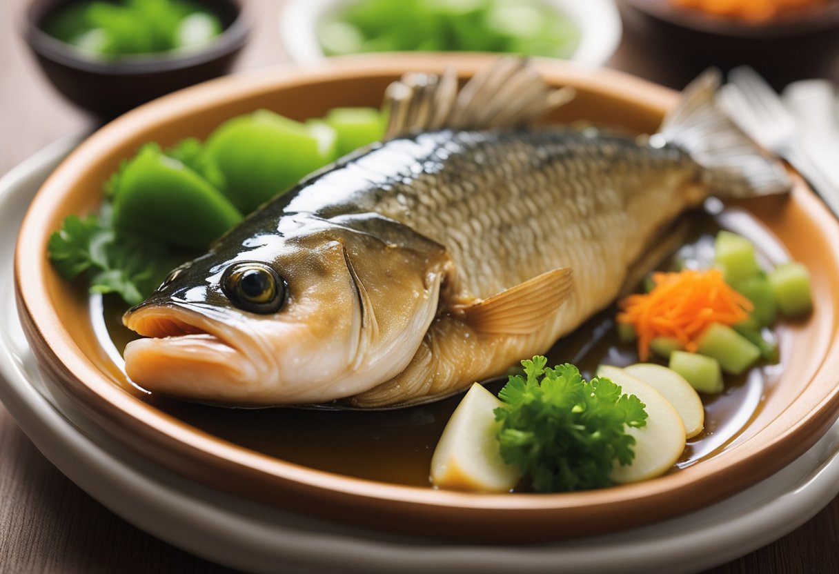 A whole fish, steamed with ginger, scallions, and soy sauce in a traditional Teochew style