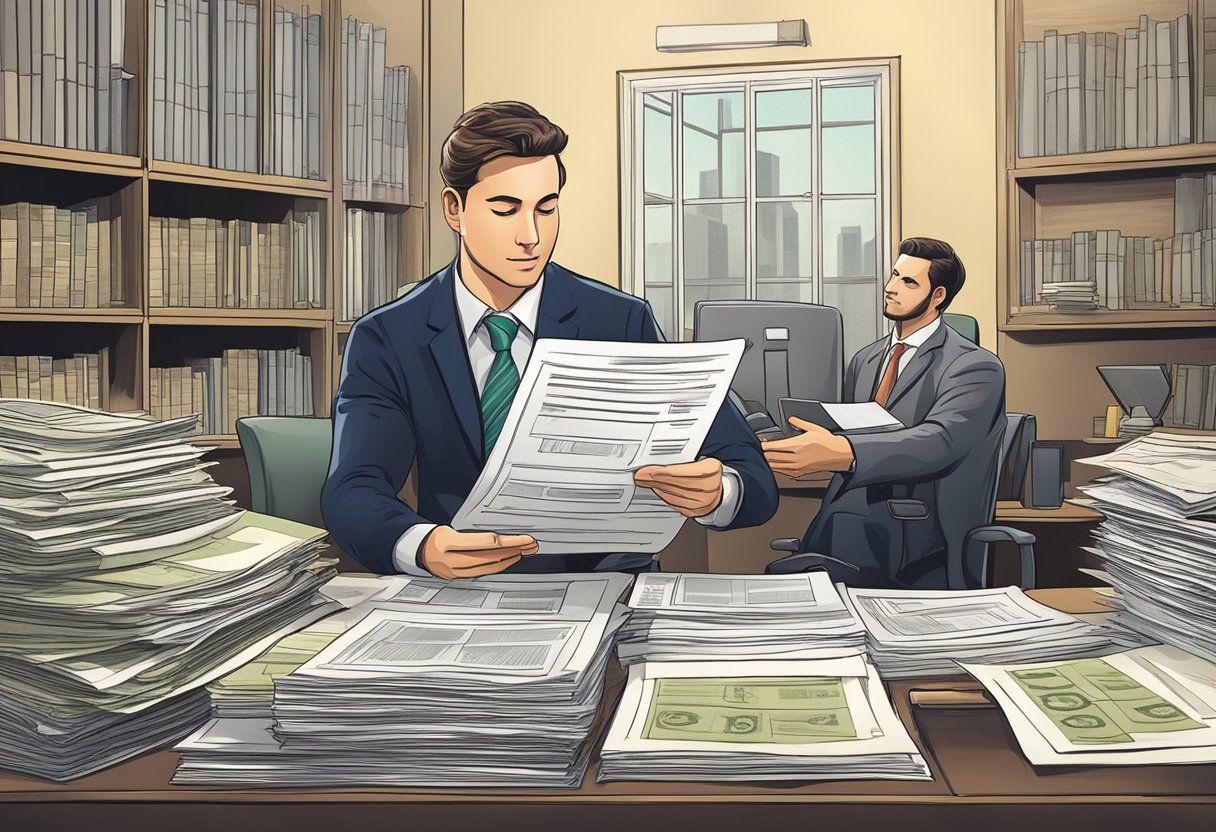 A banker reviews loan documents, while another ensures compliance with regulations. Money symbols and legal papers fill the office