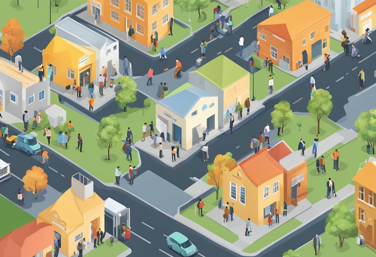 A bustling community with diverse buildings and people exchanging money. The lender's office stands out, symbolizing the impact of money lending on the community