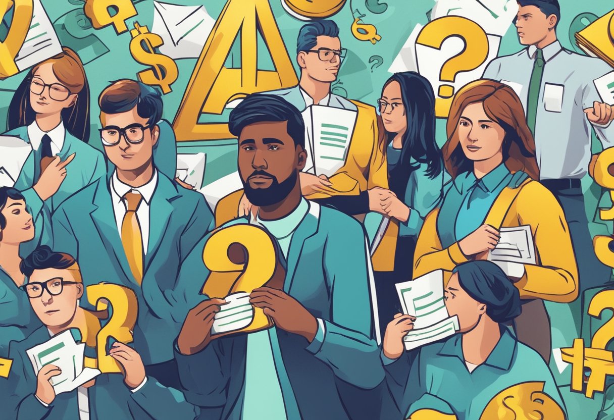 A group of people with bad credit seeking loans, surrounded by question marks and money symbols