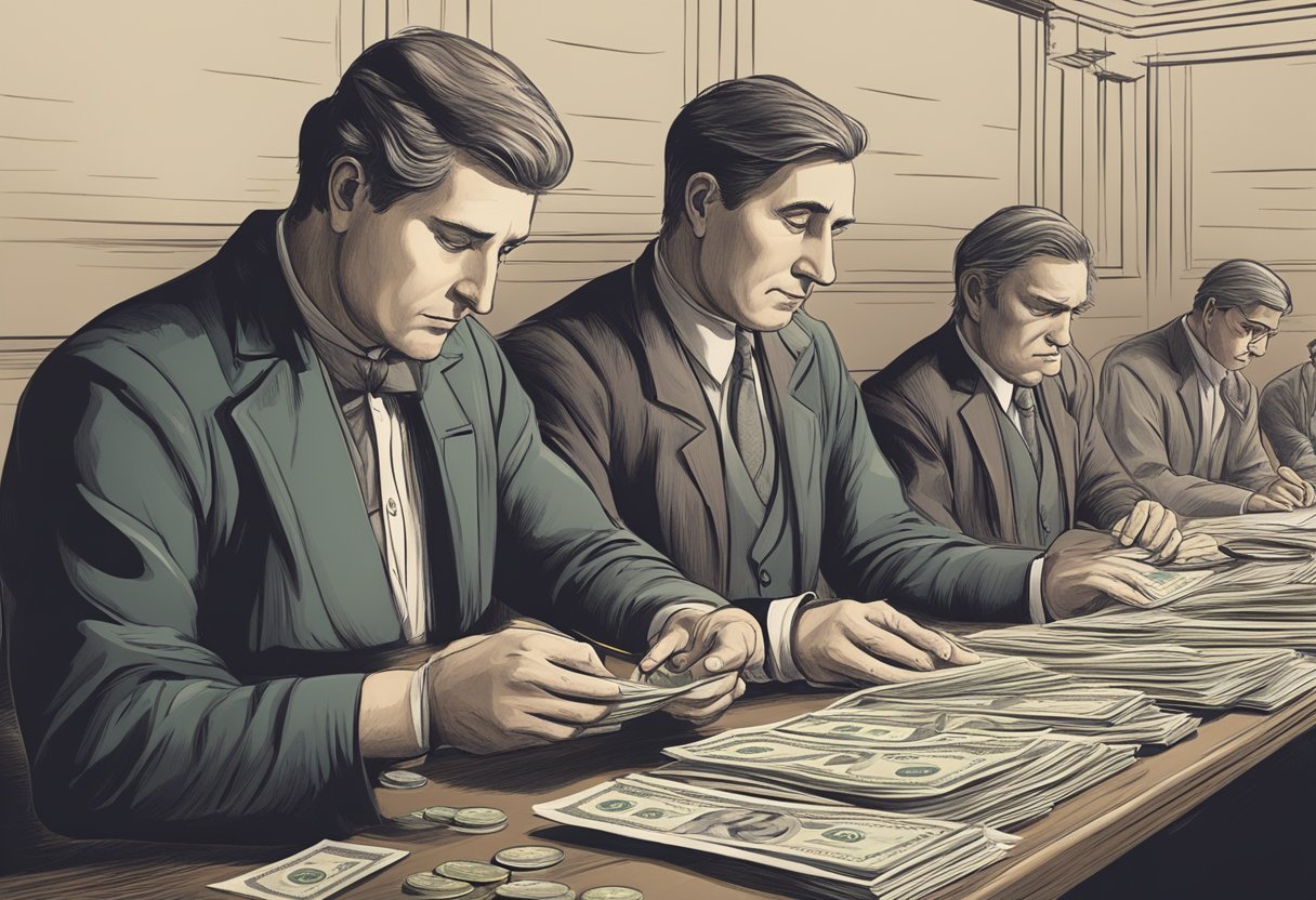 A money lender sits behind a sturdy wooden desk, counting coins and writing in a large ledger. Customers wait anxiously in line, clutching bags of valuables as they negotiate loans