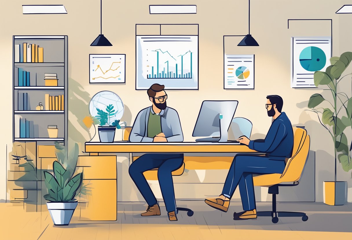A person receiving credit advice from a money lender in a cozy office setting with charts and graphs on the wall